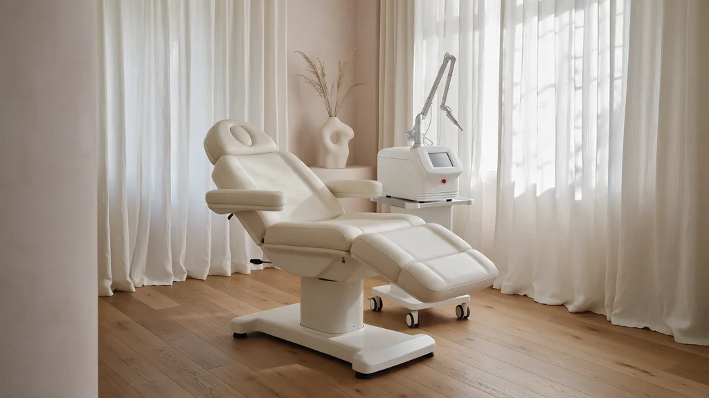 The treatment room at Rewind: a white treatment couch and laser beside sheer curtains